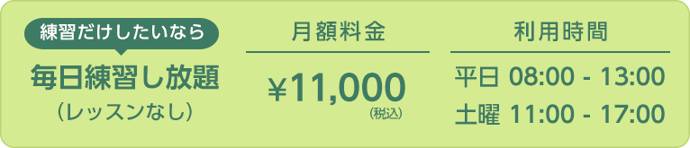 毎日練習し放題（レッスンなし）　¥11,000（税込）